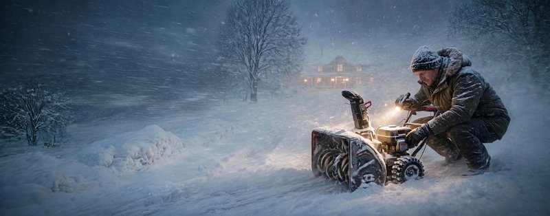 Homeowner crouched beside a broken snowblower in a blizzard at night, warm house lights behind.